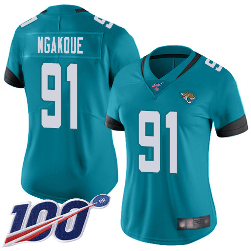 Nike Jacksonville Jaguars #91 Yannick Ngakoue Teal Green Alternate Women Stitched NFL 100th Season Vapor Limited Jersey->women nfl jersey->Women Jersey